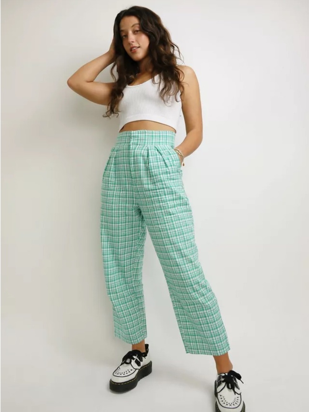 Urban Outfitters Mint Green Plaid Wide Leg Pants
